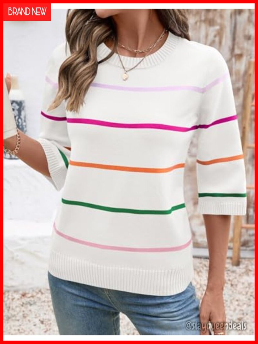 Womens Lightweight Knit Striped 3/4 Sleeve Crew Neck Pullover Sweater - Picture 3 of 6